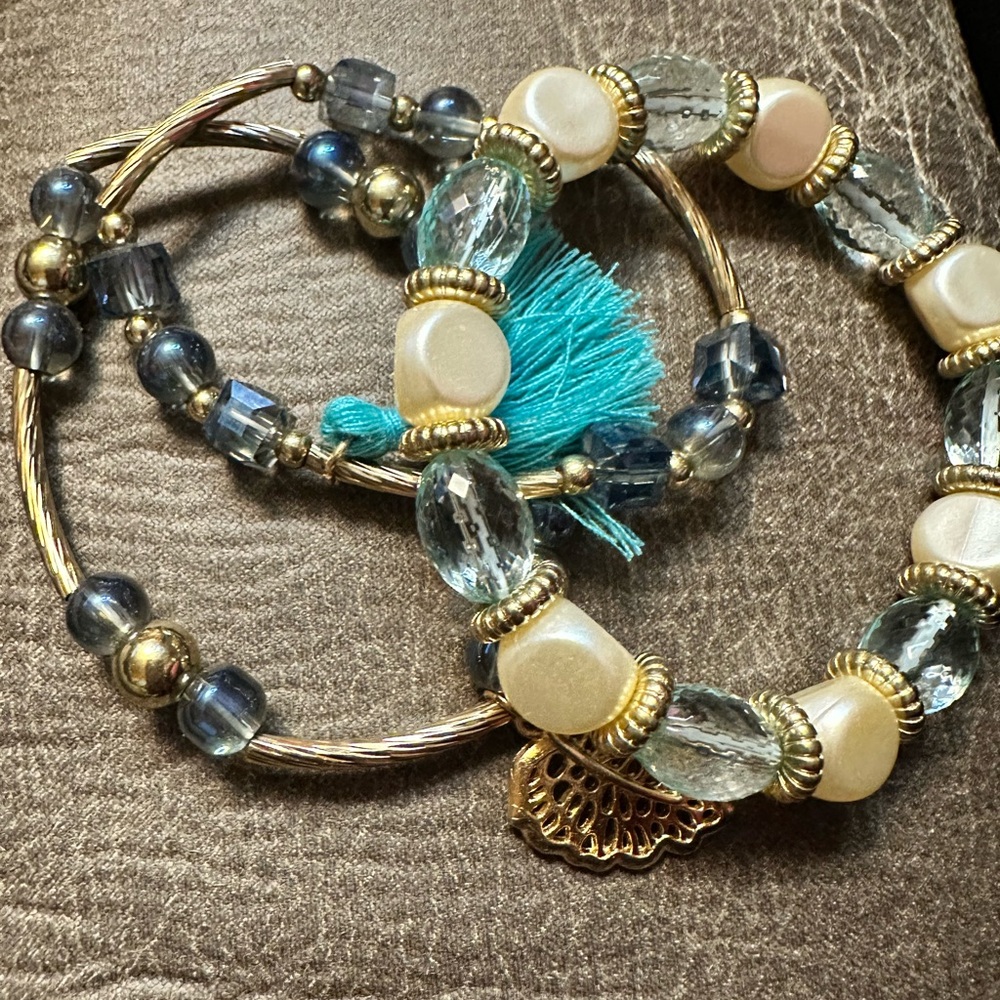 Boho Chic Gold and Blue Beaded Bracelets (3) with Tassel